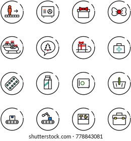 line vector icon set - travolator vector, safe, gift, bow, santa sleigh, merry christmas message, doctor bag, pills blister, milk, basket, conveyor, tool box