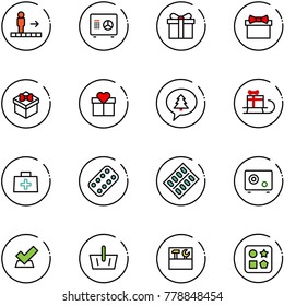 line vector icon set - travolator vector, safe, gift, merry christmas message, sleigh, doctor bag, pills blister, check, basket, tool box, cube hole toy