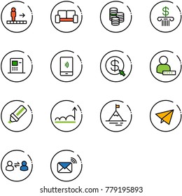 line vector icon set - travolator vector, vip waiting area, coin, bank, atm, mobile payment, money click, user password, highlight marker, growth, mountain, paper fly, information exchange