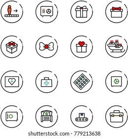 line vector icon set - travolator vector, safe, gift, bow, santa sleigh, first aid kit, doctor bag, pills blister, money chest, conveyor, tool box