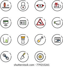 line vector icon set - travolator vector, lock, candy, sleigh gift, tap pay, finance calendar, multi lane traffic road sign, loudspeaker, garbage, award, fizz opening, terms plan, link, trowel