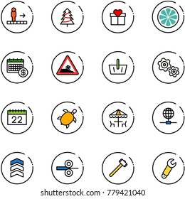 line vector icon set - travolator vector, christmas tree, gift, lemon slice, calendar, steep roadside road sign, basket, gears, sea turtle, outdoor cafe, globe, chevron, steel rolling, sledgehammer