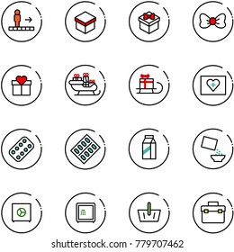 line vector icon set - travolator vector, gift, bow, santa sleigh, first aid kit, pills blister, milk, cereal, safe, basket, tool box