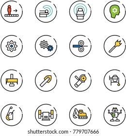 line vector icon set - travolator vector, mri, brain work, gear, steel rolling, wood drill, milling cutter, tile, Angular grinder, cocncrete mixer, winch, sharpening, excavator toy, robot