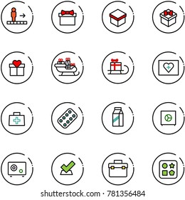 line vector icon set - travolator vector, gift, santa sleigh, first aid kit, doctor bag, pills blister, milk, safe, check, tool box, cube hole toy