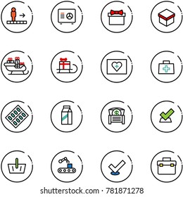 line vector icon set - travolator vector, safe, gift, santa sleigh, first aid kit, doctor bag, pills blister, milk, money chest, check, basket, conveyor, tool box