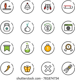 line vector icon set - travolator vector, christmas tree, garland, sleigh, weight, onion, money back, browser globe, flag, round flask, gold medal, growth, butterfly, delete, bolt cutter