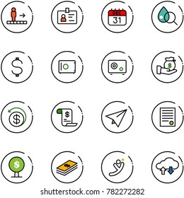line vector icon set - travolator vector, identity, 31 dec calendar, blood test, dollar, safe, investment, money back, account history, paper plane, agreement, tree, flying man, cloud exchange data