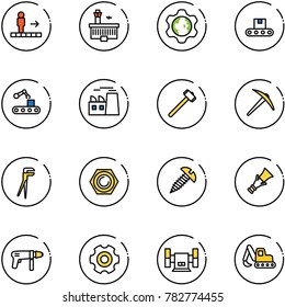 line vector icon set - travolator vector, airport building, gear globe, conveyor, plant, sledgehammer, axe, plumber, nut, screw, dowel, drill machine, sharpening, excavator toy