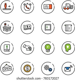 line vector icon set - travolator vector, phone alarm, ticket, fork loader, airport building, cash, safe, atm, annual report, card pay, idea, head bulb, open, dollar, gear, wireless mail