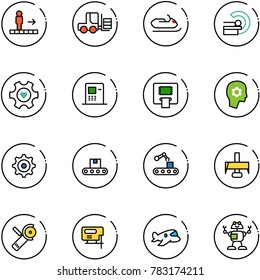 line vector icon set - travolator vector, fork loader, snowmobile, mri, heart gear, atm, brain work, conveyor, milling cutter, Angular grinder, jig saw, plane toy, robot