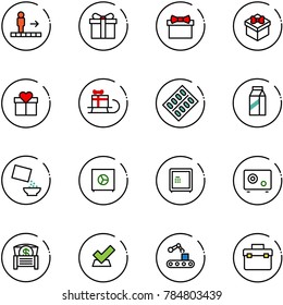 line vector icon set - travolator vector, gift, sleigh, pills blister, milk, cereal, safe, money chest, check, conveyor, tool box