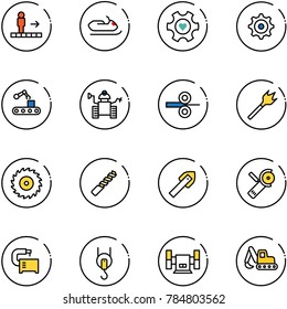 line vector icon set - travolator vector, snowmobile, heart gear, conveyor, robot, steel rolling, wood drill, saw disk, tile, Angular grinder, machine tool, winch, sharpening, excavator toy