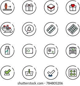 line vector icon set - travolator vector, gift, santa sleigh, merry christmas message, pills blister, milk, safe, money chest, check, basket, cube hole toy