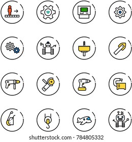 line vector icon set - travolator vector, heart gear, atm, robot, crown drill, tile, machine, Angular grinder, tool, winch, plane toy