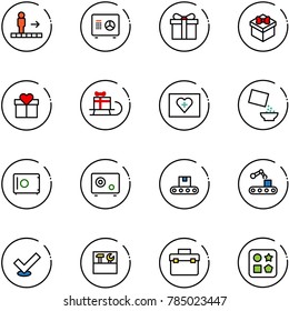 line vector icon set - travolator vector, safe, gift, sleigh, first aid kit, cereal, conveyor, check, tool box, cube hole toy