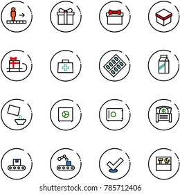line vector icon set - travolator vector, gift, sleigh, doctor bag, pills blister, milk, cereal, safe, money chest, conveyor, check, tool box
