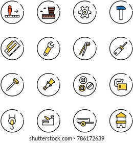 line vector icon set - travolator vector, airport building, gear, hammer, trowel, wrench, plumber, screwdriver, nail, dowel, rivet, machine tool, winch, stapler, trailer, toy block house