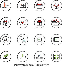 line vector icon set - travolator vector, safe, gift, bow, santa sleigh, merry christmas message, cereal, check, basket, conveyor, cube hole toy