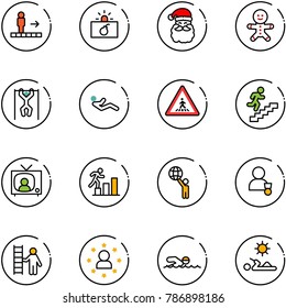 line vector icon set - travolator vector, terrorism, santa claus, cake man, pull ups, abdominal muscles, pedestrian road sign, career, tv news, world, winner, opportunity, star, swimming, reading