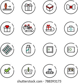 line vector icon set - travolator vector, gift, bow, santa sleigh, doctor bag, pills blister, milk, safe, check, basket, conveyor, tool box