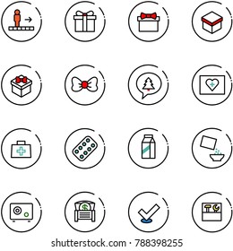 line vector icon set - travolator vector, gift, bow, merry christmas message, first aid kit, doctor bag, pills blister, milk, cereal, safe, money chest, check, tool box