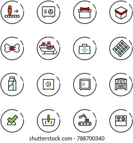 line vector icon set - travolator vector, safe, gift, bow, santa sleigh, doctor bag, pills blister, milk, money chest, check, basket, conveyor, tool box