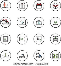 line vector icon set - travolator vector, gift, santa sleigh, first aid kit, doctor bag, safe, money chest, basket, conveyor, cube hole toy