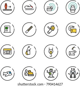 line vector icon set - travolator vector, snowmobile, mri, atm, drill, Angular grinder, machine tool, generator, winch, welding, plane toy, excavator, robot