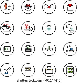 line vector icon set - travolator vector, gift, bow, santa sleigh, doctor bag, cereal, safe, money chest, basket, conveyor, check, tool box, cube hole toy