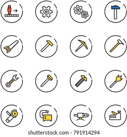 line vector icon set - travolator vector, gear, gears, hammer, saw, axe, mason, wrench, nail, screw, wood drill, Angular grinder, machine tool, pipe welding, stapler