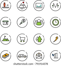 line vector icon set - travolator vector, mountains, statistics, monero, receipt, money torch, group, time, attainment, cart, arrow up, growth, dollar, limousine, mail, oil derrick