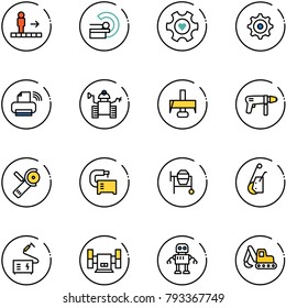 line vector icon set - travolator vector, mri, heart gear, printer wireless, robot, milling cutter, drill machine, Angular grinder, tool, cocncrete mixer, winch, welding, sharpening, excavator toy