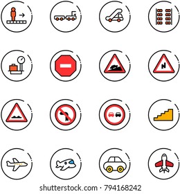 line vector icon set - travolator vector, baggage truck, trap, plane seats, scales, no way road sign, climb, abrupt turn right, rough, left, overtake, stairs, toy, car