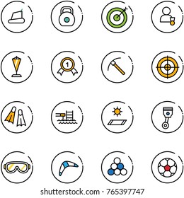 line vector icon set - treadmill vector, weight, target, winner, pennant, gold medal, rock axe, flippers, pool, mat, piston, protective glasses, boomerang, billiards balls, soccer ball
