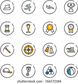line vector icon set - treadmill vector, run, abdominal muscles, cup, chess tower, pennant, gold medal, rock axe, target, flippers, pool, cap, piston, billiards balls, basketball