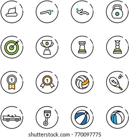 line vector icon set - treadmill vector, push ups, abdominal muscles, weight, target, cup, chess tower, queen, gold medal, volleyball, badminton, cabrio, piston, beach ball, basketball