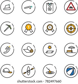 line vector icon set - treadmill vector, push ups, pull, road for moto sign, job, gold medal, target, flying man, mat, inflatable pool, cap, kayak, fishing, beach ball