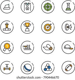 line vector icon set - treadmill vector, pull ups, target, chess queen, winner, win cup, solution, gold medal, pool, mat, cap, gyroscope, ball, billiards balls, football