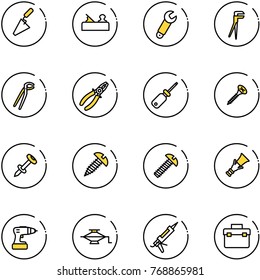 line vector icon set - trowel vector, jointer, wrench, plumber, pliers, screwdriver, screw, nail dowel, drill, jack, gun sealant, tool box