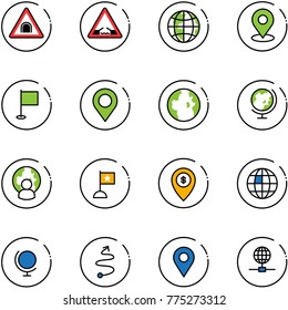 line vector icon set - tunnel vector road sign, drawbridge, globe, map pin, flag, man, atm, trip, navigation