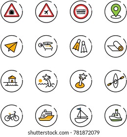 line vector icon set - tunnel vector road sign, airport, customs, map pin, paper fly, helicopter, flippers, mat, bungalow, palm, kayak, bike, cruiser, sailboat toy, boat