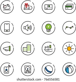 line vector icon set - turkey vector, sleigh gift, credit card, phone, volume max, idea, chart point arrow, speaker horn, building, growth, sun, identity, hdd, ball, basketball