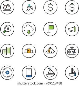 line vector icon set - turkey vector, banana, dollar sign, money search, download cloud, flag, speaker horn, building, pedestal, tent, joystick wireless, cd, mobile phone, sailboat toy