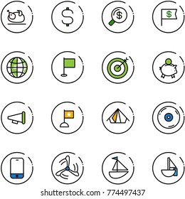 line vector icon set - turkey vector, dollar sign, money search, flag, globe, target, piggy bank, speaker horn, tent, cd, mobile phone, wind mill, sailboat toy