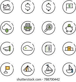 line vector icon set - turkey vector, dollar sign, flag, download cloud, printer, head hunter, piggy bank, speaker horn, list, pedestal, tent, sailboat toy