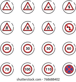 line vector icon set - turn left vector road sign, pedestrian, airport, intersection, narrows, no, speed limit 20, 30, 50, 60, 70, 100, 110, stop