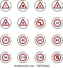 line vector icon set - turn left vector road sign, tractor way, airport, intersection, narrows, no, speed limit 10, 20, 40, 60, 80, 90, 110, 120, back