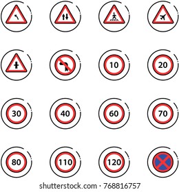 line vector icon set - turn left vector road sign, oncoming traffic, pedestrian, airport, intersection, no, speed limit 10, 20, 30, 40, 60, 70, 80, 110, 120, stop