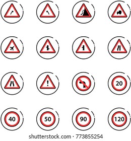 line vector icon set - turn right vector road sign, left, landslide, tractor way, airport, intersection, narrows, attention, no, speed limit 20, 40, 50, 90, 120